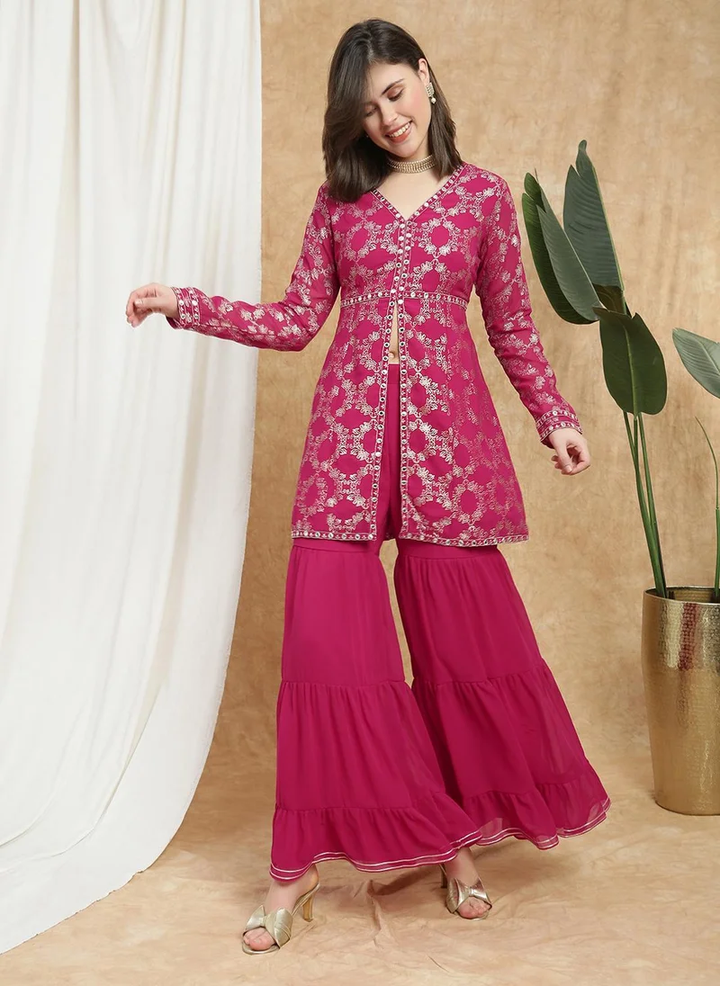 globus Globus Women Pink V-Neck Gold Foil Print & Mirror Work Lace Detail A-Line Tunic & Sharara Festive Co-Ord Set